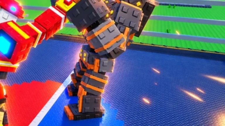 A red robot fighting a grey robot on the shared ring in Create a Robot Fighter