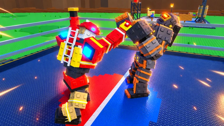 Two built robots trading punches on the blue ring floor in Create a Robot Fighter