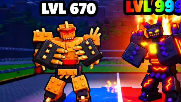 A level 9999 robot with flames beside a level 670 opponent in Create a Robot Fighter
